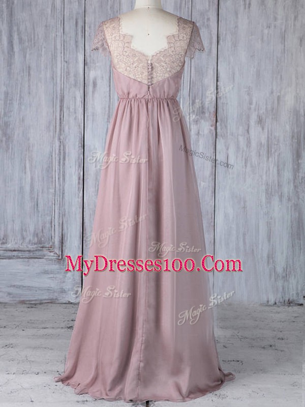 Custom Design Floor Length Pink Quinceanera Court of Honor Dress Chiffon Short Sleeves Lace