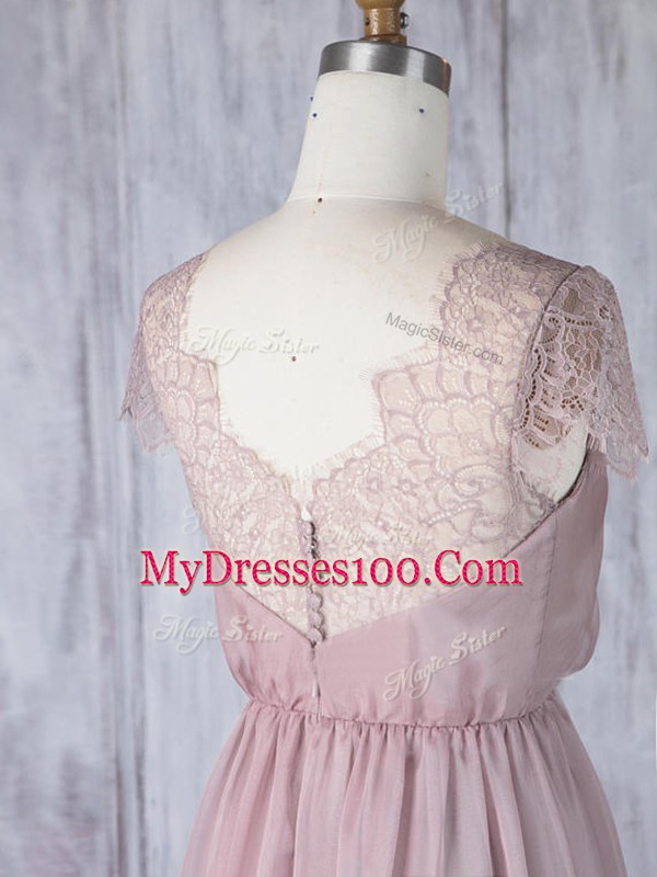 Custom Design Floor Length Pink Quinceanera Court of Honor Dress Chiffon Short Sleeves Lace