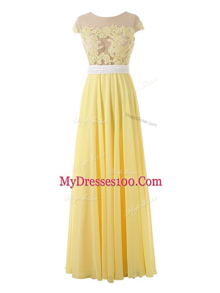 Suitable Yellow Organza Side Zipper Scoop Sleeveless Floor Length Prom Evening Gown Lace and Appliques