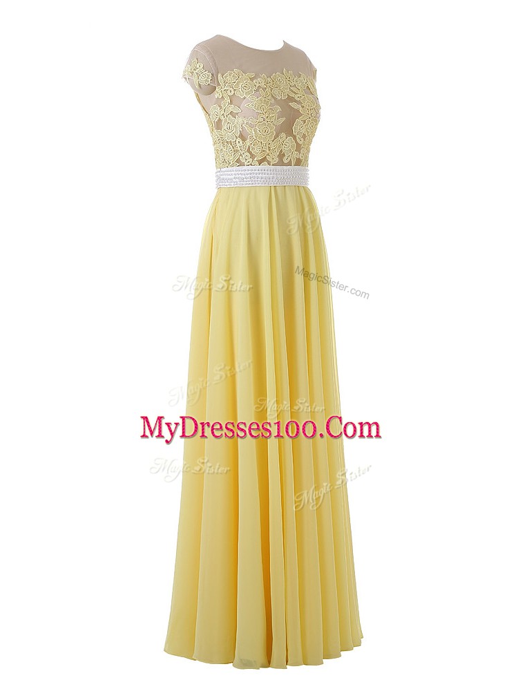 Suitable Yellow Organza Side Zipper Scoop Sleeveless Floor Length Prom Evening Gown Lace and Appliques