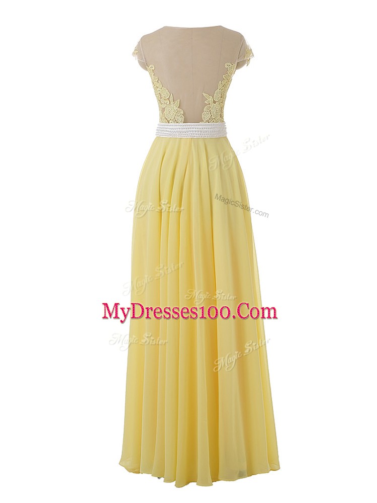 Suitable Yellow Organza Side Zipper Scoop Sleeveless Floor Length Prom Evening Gown Lace and Appliques