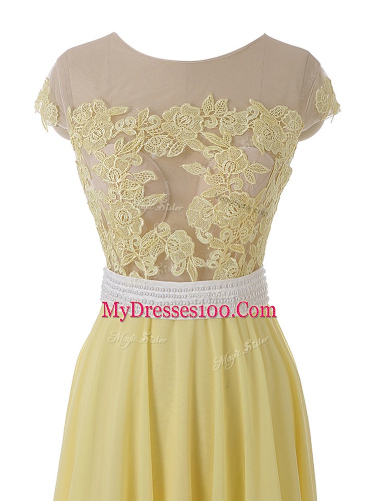 Suitable Yellow Organza Side Zipper Scoop Sleeveless Floor Length Prom Evening Gown Lace and Appliques