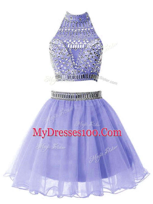 Nice Organza High-neck Sleeveless Zipper Beading Damas Dress in Lavender