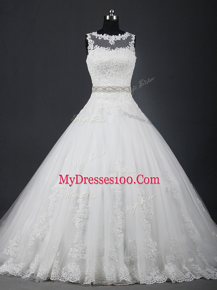 Sleeveless Brush Train Lace Up Lace and Belt Wedding Dress