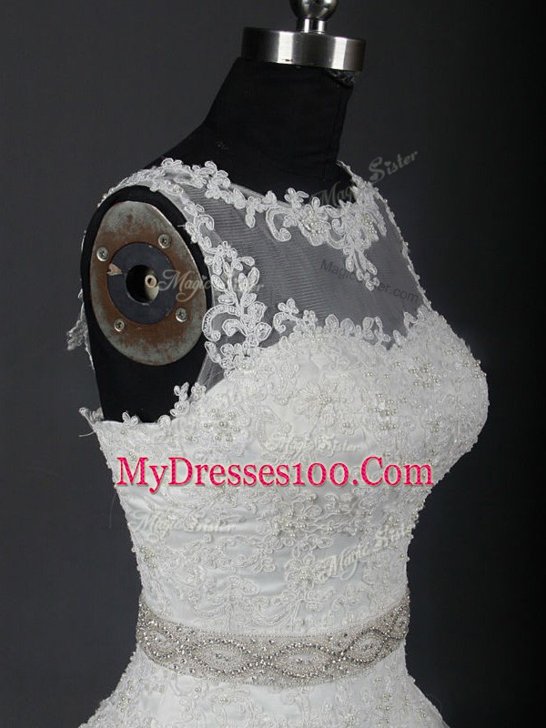 Sleeveless Brush Train Lace Up Lace and Belt Wedding Dress