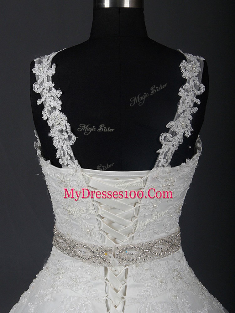 Sleeveless Brush Train Lace Up Lace and Belt Wedding Dress