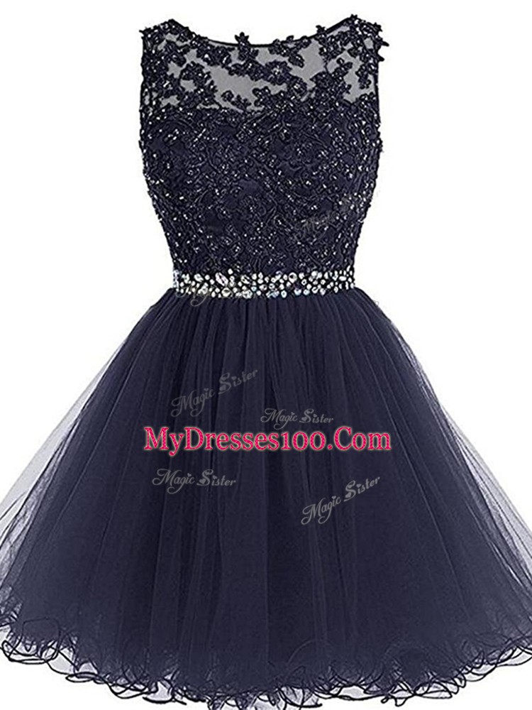 Mini Length Navy Blue Dress for Prom Scoop Sleeveless Zipper