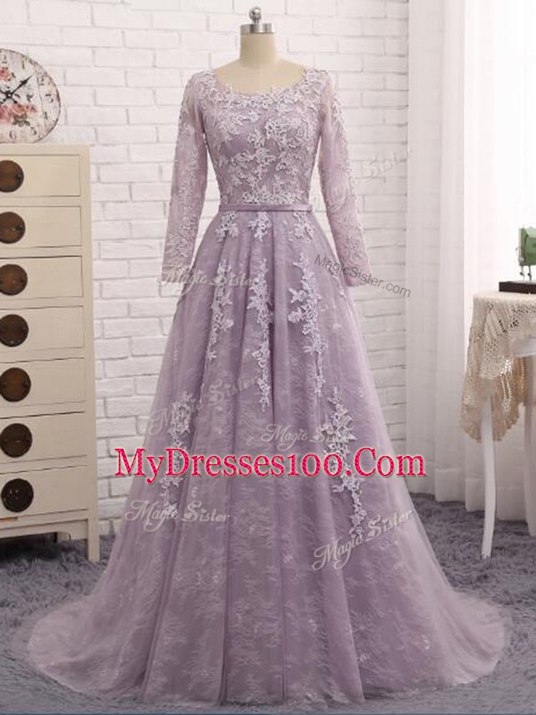 Top Selling Lavender A-line Tulle Scoop Sleeveless Beading and Appliques Zipper Mother Of The Bride Dress Brush Train
