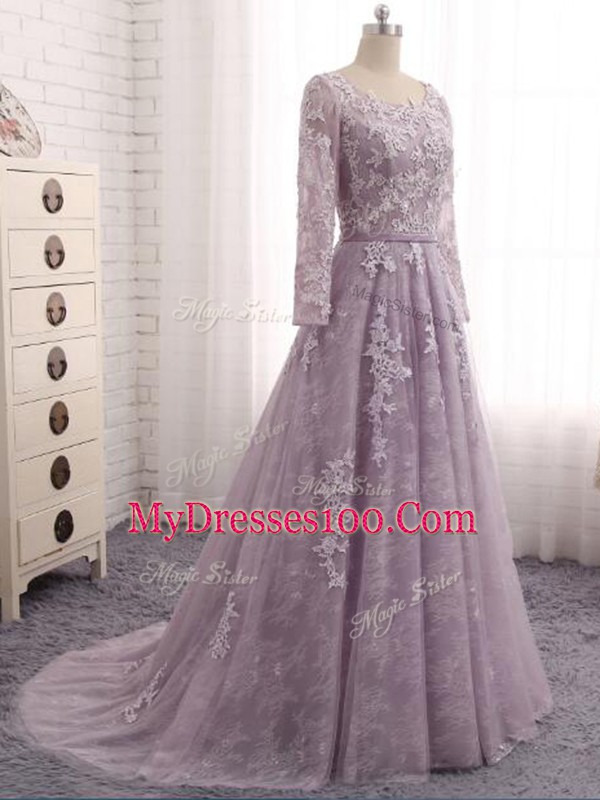 Top Selling Lavender A-line Tulle Scoop Sleeveless Beading and Appliques Zipper Mother Of The Bride Dress Brush Train