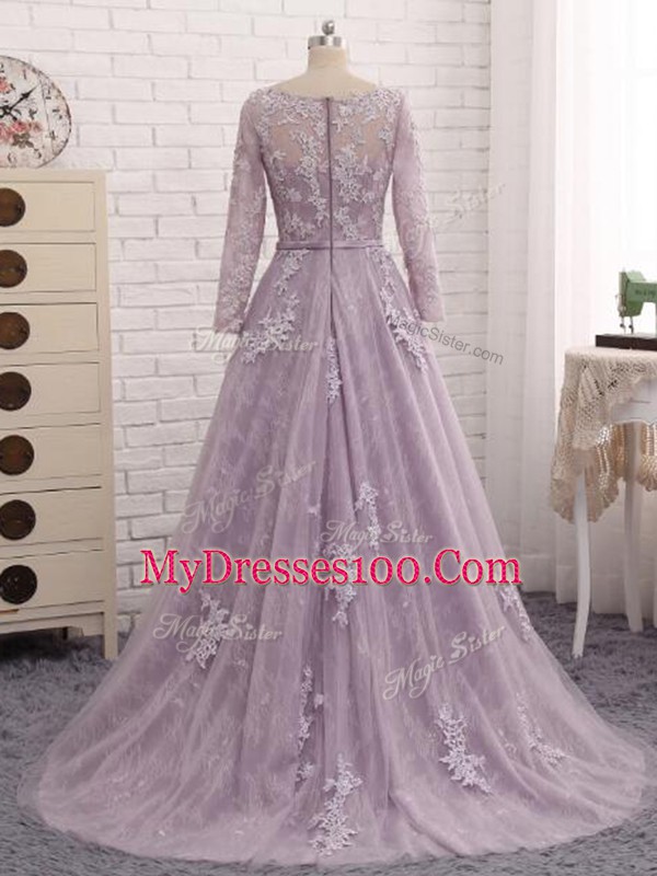 Top Selling Lavender A-line Tulle Scoop Sleeveless Beading and Appliques Zipper Mother Of The Bride Dress Brush Train