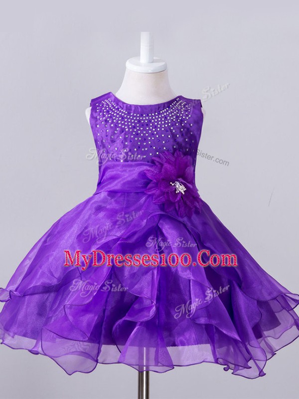Purple Scoop Zipper Beading and Hand Made Flower Flower Girl Dresses Sleeveless
