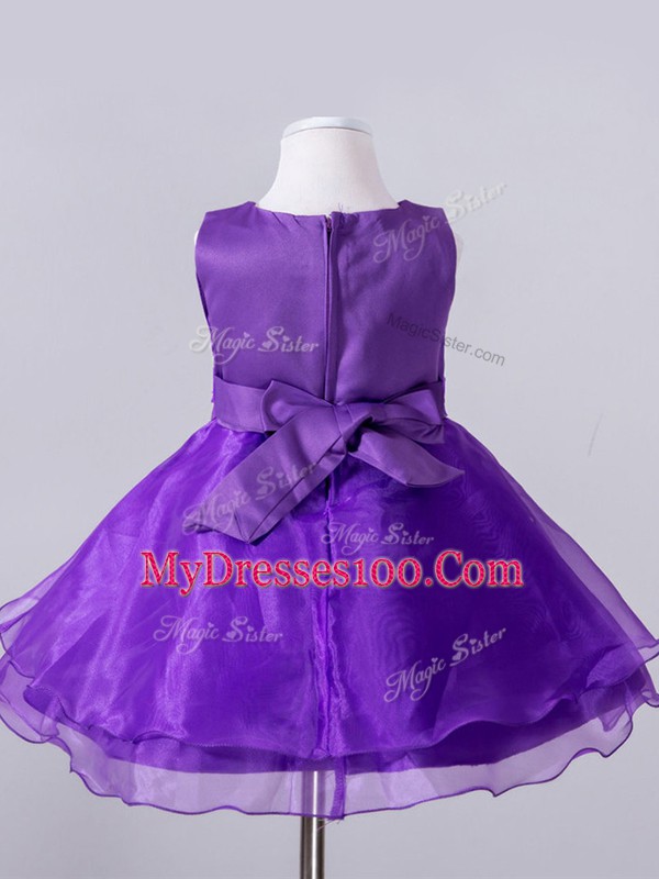 Purple Scoop Zipper Beading and Hand Made Flower Flower Girl Dresses Sleeveless