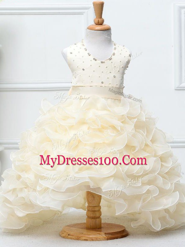 Unique Champagne Ball Gowns Organza Halter Top Sleeveless Beading and Ruffles High Low Zipper Girls Pageant Dresses