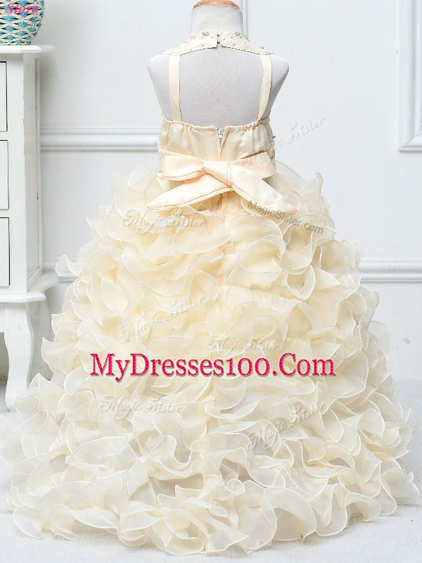 Unique Champagne Ball Gowns Organza Halter Top Sleeveless Beading and Ruffles High Low Zipper Girls Pageant Dresses