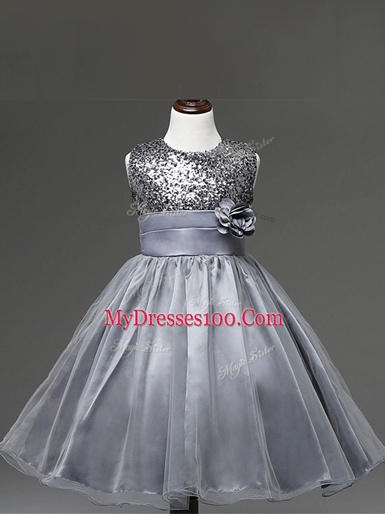 Enchanting Silver Sleeveless Knee Length Sequins and Hand Made Flower Zipper Girls Pageant Dresses