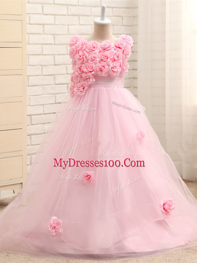 Scoop Sleeveless Brush Train Zipper Kids Pageant Dress Baby Pink Tulle