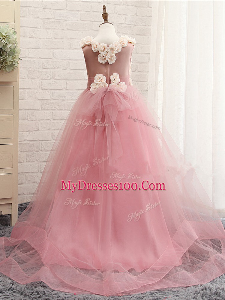 Scoop Sleeveless Brush Train Zipper Kids Pageant Dress Baby Pink Tulle