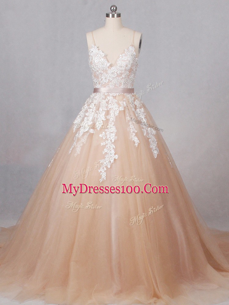 Champagne Sleeveless Brush Train Appliques Wedding Dress