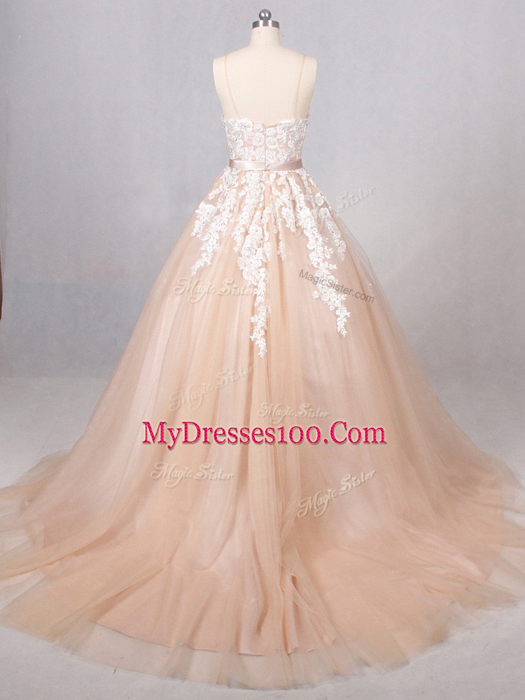Champagne Sleeveless Brush Train Appliques Wedding Dress