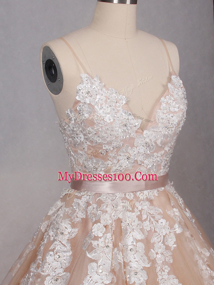 Champagne Sleeveless Brush Train Appliques Wedding Dress
