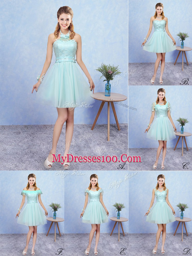 Modern Aqua Blue Lace Up Bridesmaids Dress Appliques Cap Sleeves Mini Length