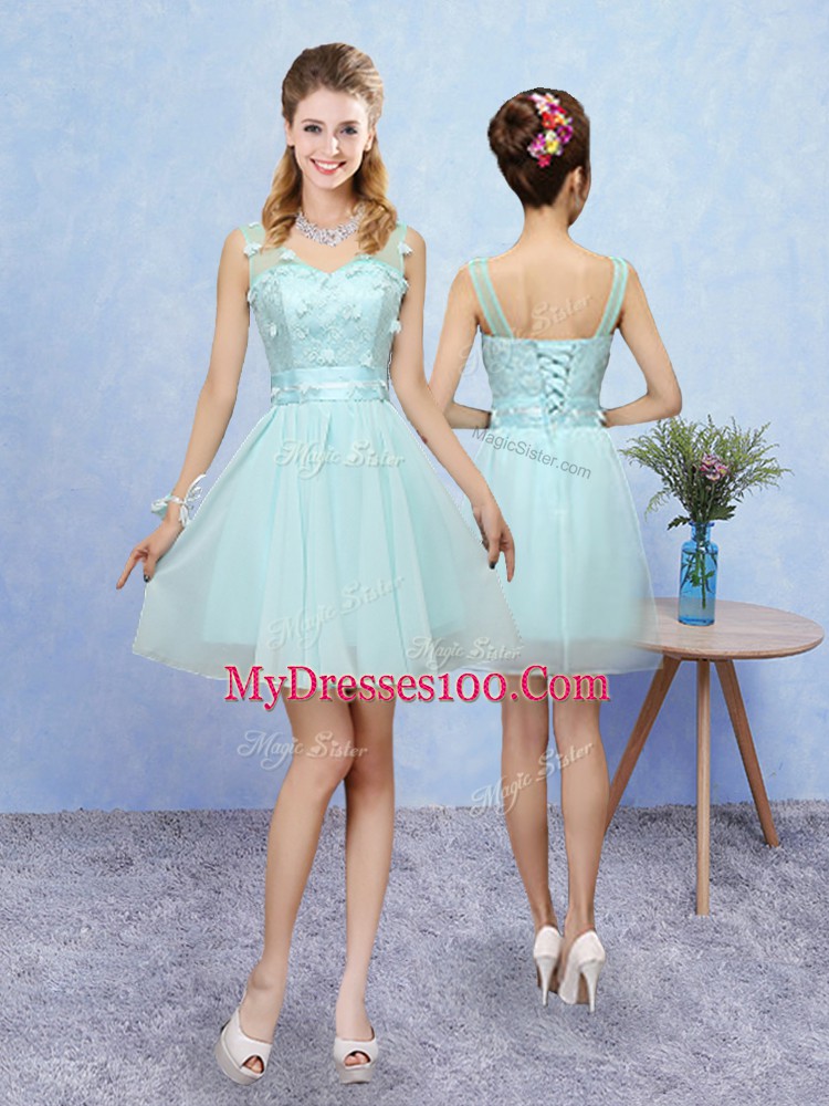 Modern Aqua Blue Lace Up Bridesmaids Dress Appliques Cap Sleeves Mini Length