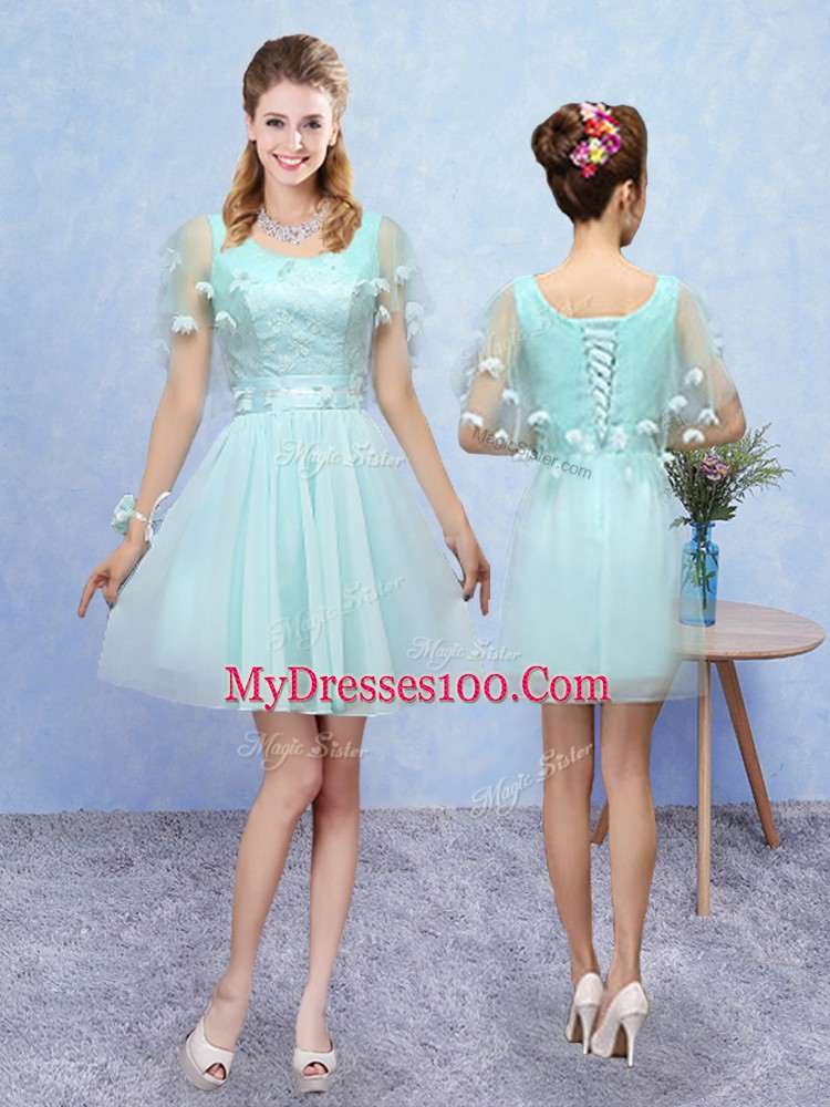 Modern Aqua Blue Lace Up Bridesmaids Dress Appliques Cap Sleeves Mini Length