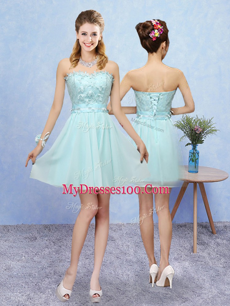 Modern Aqua Blue Lace Up Bridesmaids Dress Appliques Cap Sleeves Mini Length