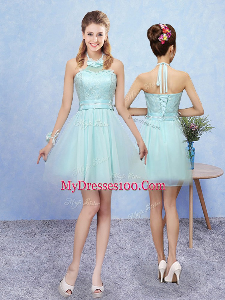 Modern Aqua Blue Lace Up Bridesmaids Dress Appliques Cap Sleeves Mini Length