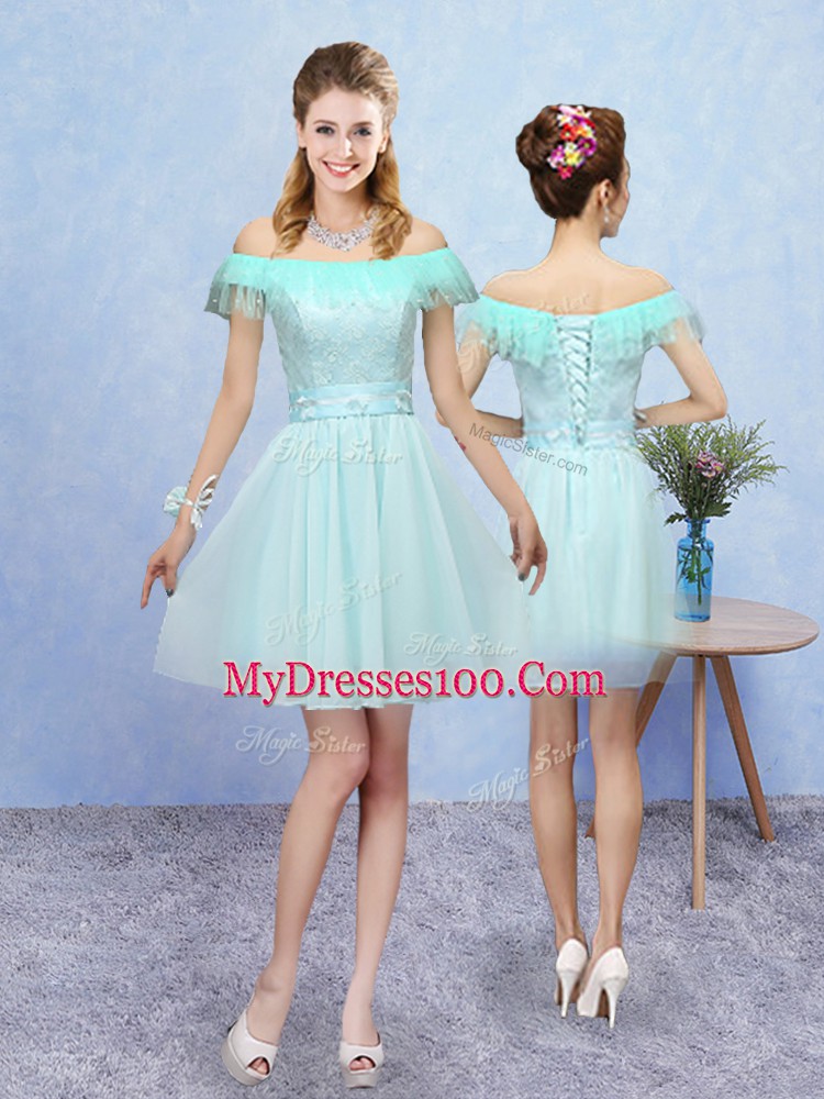 Modern Aqua Blue Lace Up Bridesmaids Dress Appliques Cap Sleeves Mini Length