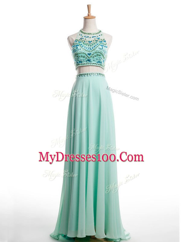 New Style Chiffon Halter Top Sleeveless Brush Train Backless Beading Homecoming Dress in Apple Green