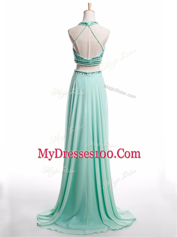 New Style Chiffon Halter Top Sleeveless Brush Train Backless Beading Homecoming Dress in Apple Green