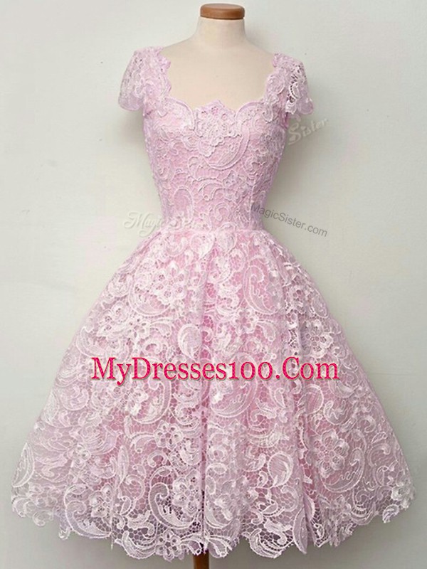 Cap Sleeves Lace Knee Length Lace Up Wedding Party Dress in Lilac with Lace