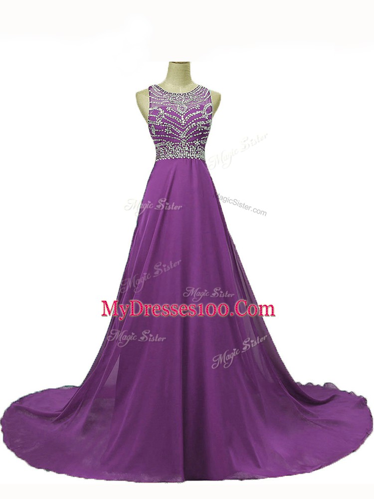 Best Selling Beading Hoco Dress Eggplant Purple Backless Sleeveless Brush Train