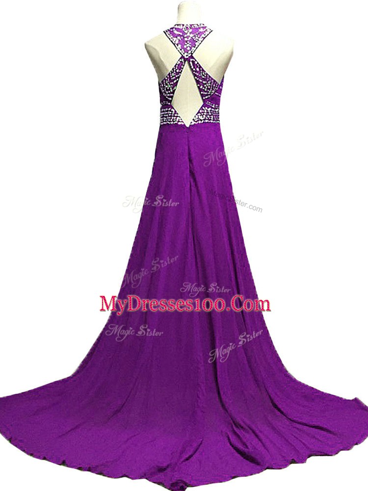 Best Selling Beading Hoco Dress Eggplant Purple Backless Sleeveless Brush Train