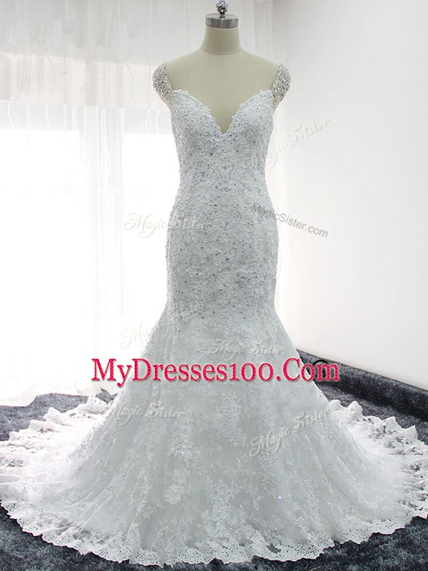Ideal White Cap Sleeves Beading and Lace and Appliques Backless Bridal Gown