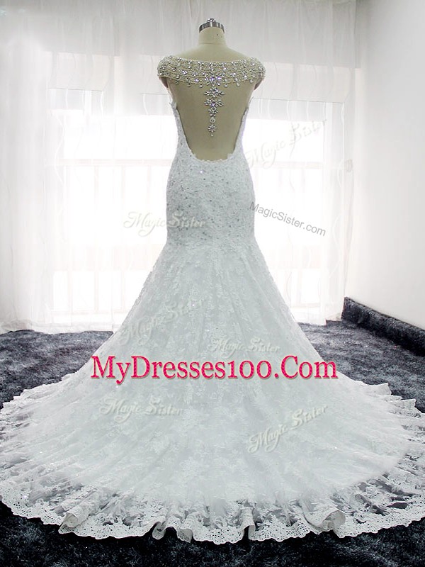 Ideal White Cap Sleeves Beading and Lace and Appliques Backless Bridal Gown