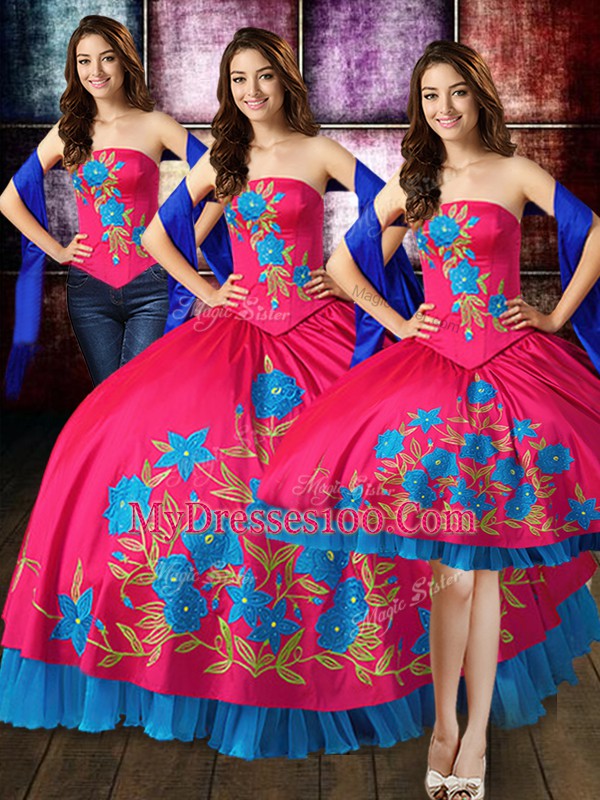 Low Price Floor Length Hot Pink Quinceanera Dresses Taffeta Sleeveless Embroidery
