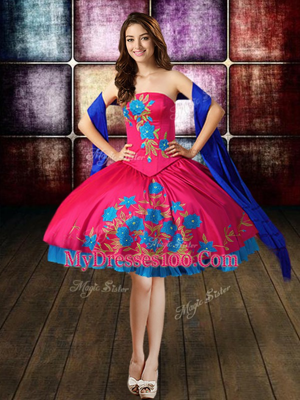 Low Price Floor Length Hot Pink Quinceanera Dresses Taffeta Sleeveless Embroidery