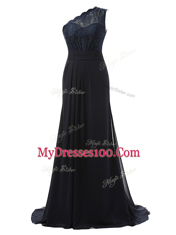 Black One Shoulder Neckline Lace Wedding Party Dress Sleeveless Side Zipper