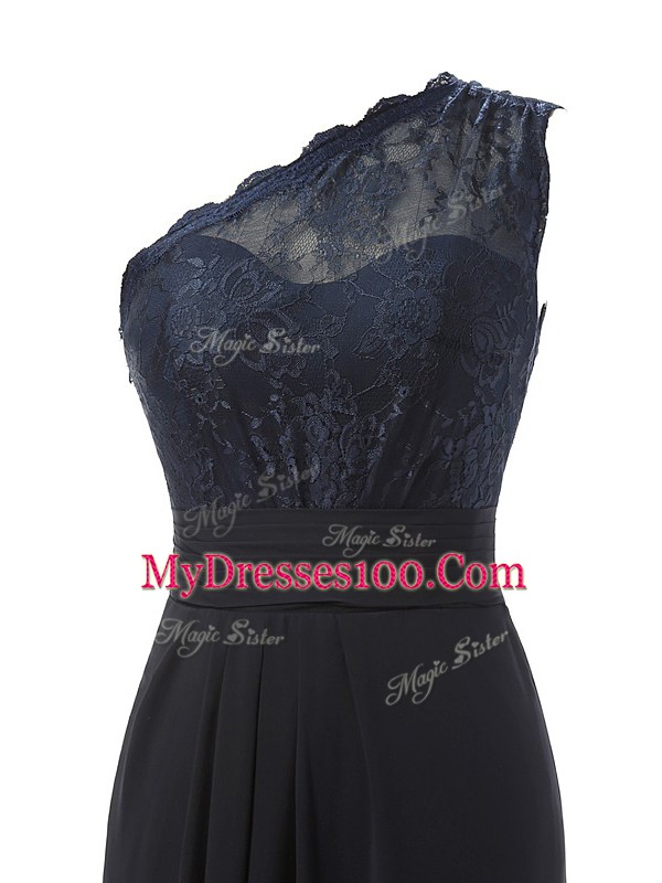 Black One Shoulder Neckline Lace Wedding Party Dress Sleeveless Side Zipper