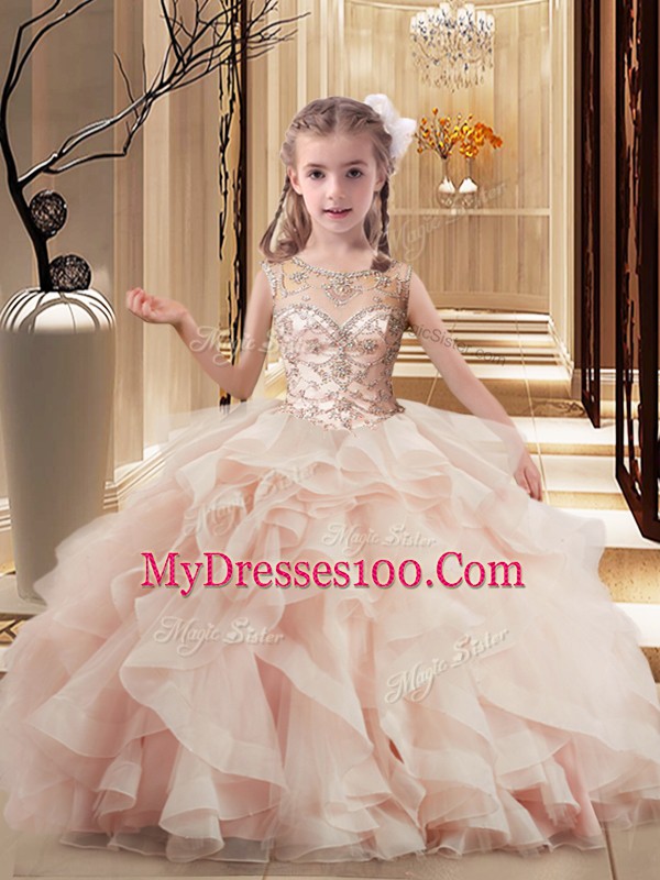 Peach Scoop Lace Up Beading and Ruffles Little Girls Pageant Dress Wholesale Brush Train Sleeveless