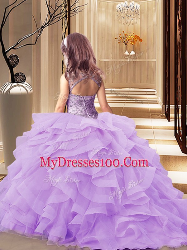 Peach Scoop Lace Up Beading and Ruffles Little Girls Pageant Dress Wholesale Brush Train Sleeveless