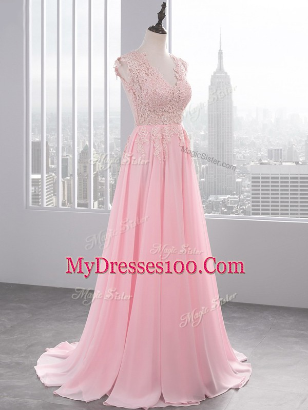Sweet Chiffon V-neck Sleeveless Brush Train Side Zipper Lace and Appliques Prom Dress in Baby Pink
