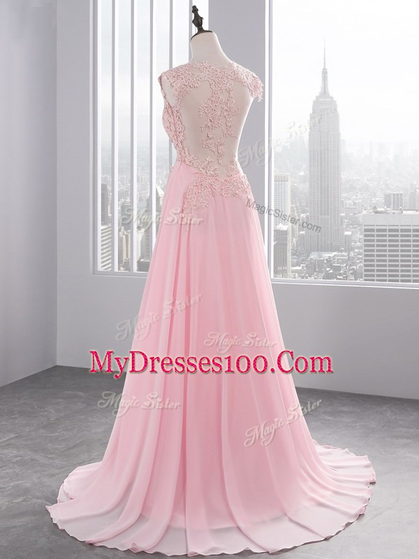 Sweet Chiffon V-neck Sleeveless Brush Train Side Zipper Lace and Appliques Prom Dress in Baby Pink