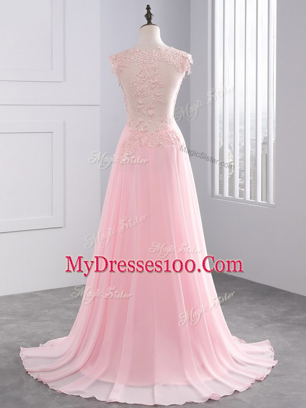Sweet Chiffon V-neck Sleeveless Brush Train Side Zipper Lace and Appliques Prom Dress in Baby Pink
