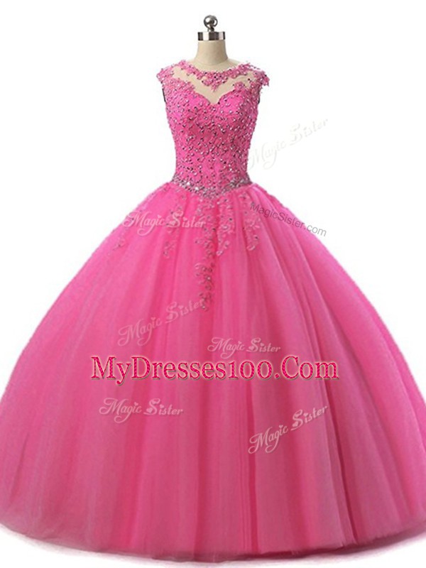 Sleeveless Tulle Floor Length Lace Up Quinceanera Dresses in Hot Pink with Beading and Lace