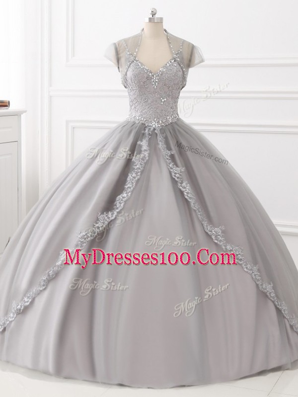 Affordable Floor Length Grey Sweet 16 Dresses Straps Sleeveless Lace Up