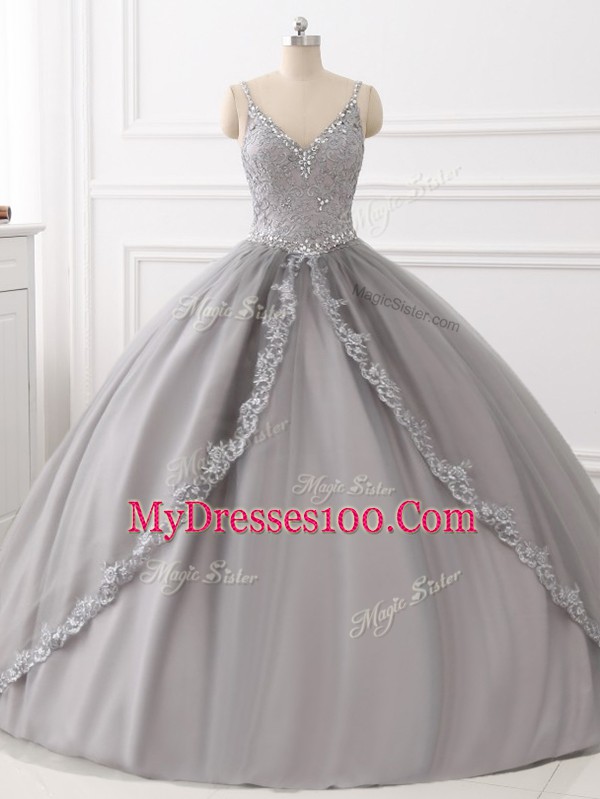 Affordable Floor Length Grey Sweet 16 Dresses Straps Sleeveless Lace Up