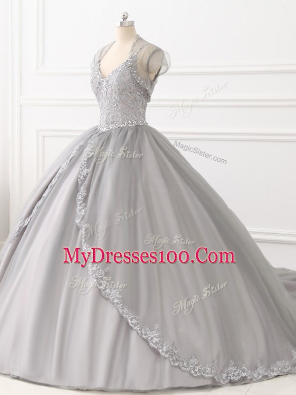 Affordable Floor Length Grey Sweet 16 Dresses Straps Sleeveless Lace Up